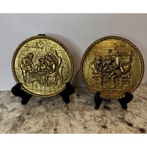 Vintage Brass Wall Plaques Set of 2 Tavern Scene Embossed Metal Art Decor